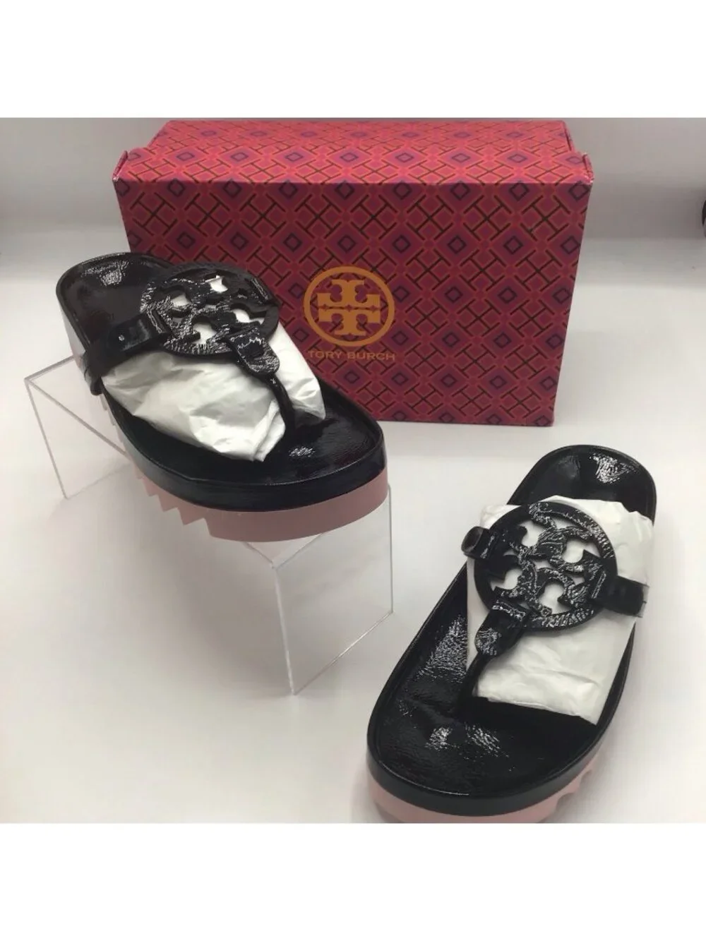 Tory Burch Miller Cloud Lug Black Pink Patent Leather Petunia Sandals Sz 8